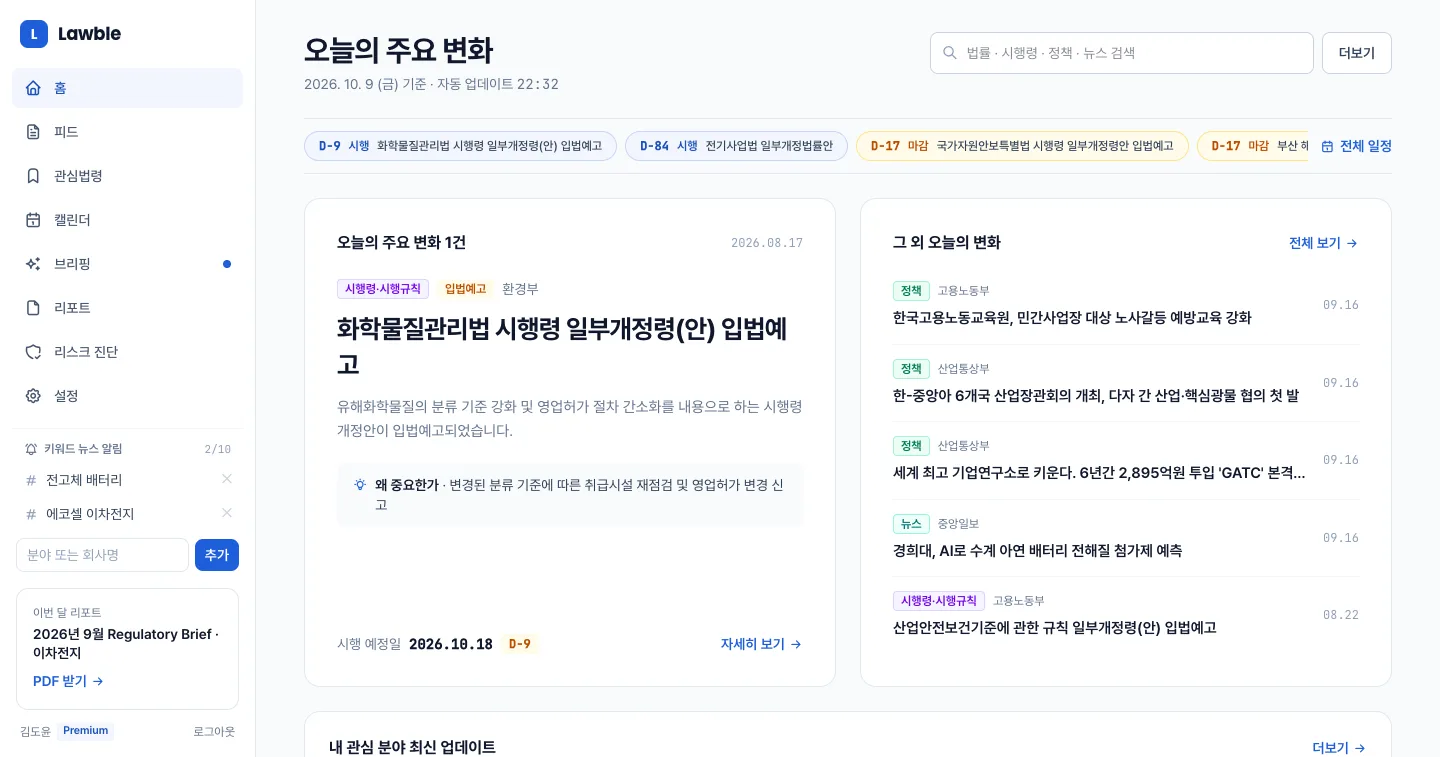 헤이제임스가 만든 법령·규제 모니터링 SaaS 오늘의 주요 변화 홈
