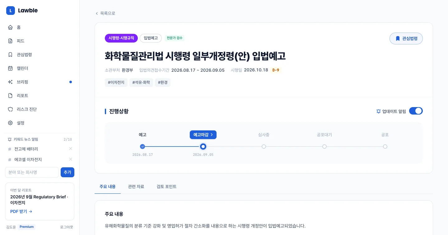 헤이제임스가 만든 법령·규제 모니터링 SaaS 규제 상세·진행 단계