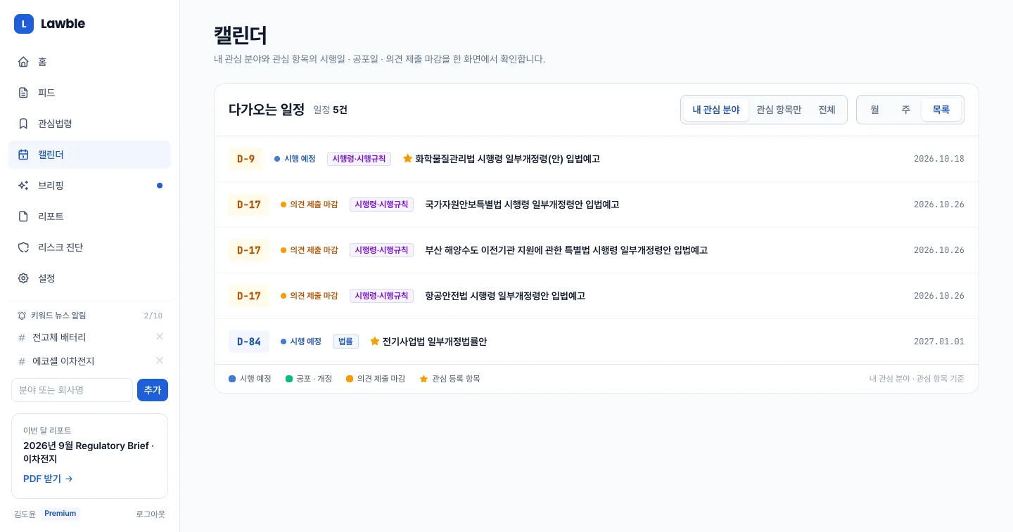 헤이제임스가 만든 법령·규제 모니터링 SaaS D-day 일정 목록