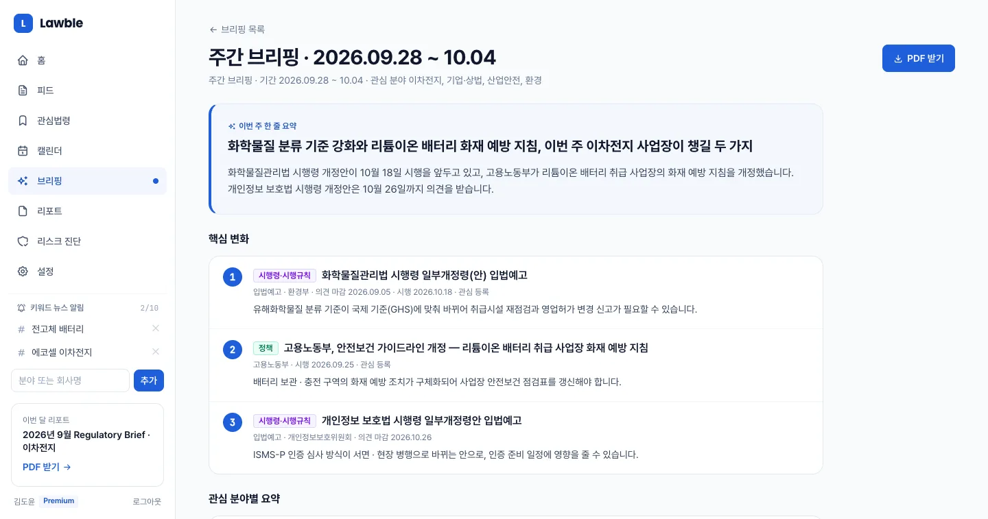 헤이제임스가 만든 법령·규제 모니터링 SaaS AI 브리핑 상세