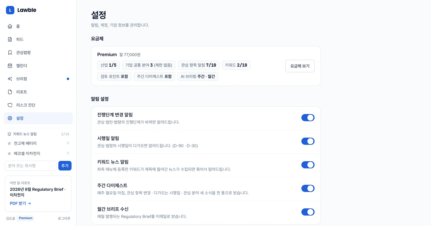 헤이제임스가 만든 법령·규제 모니터링 SaaS 요금제·알림 설정