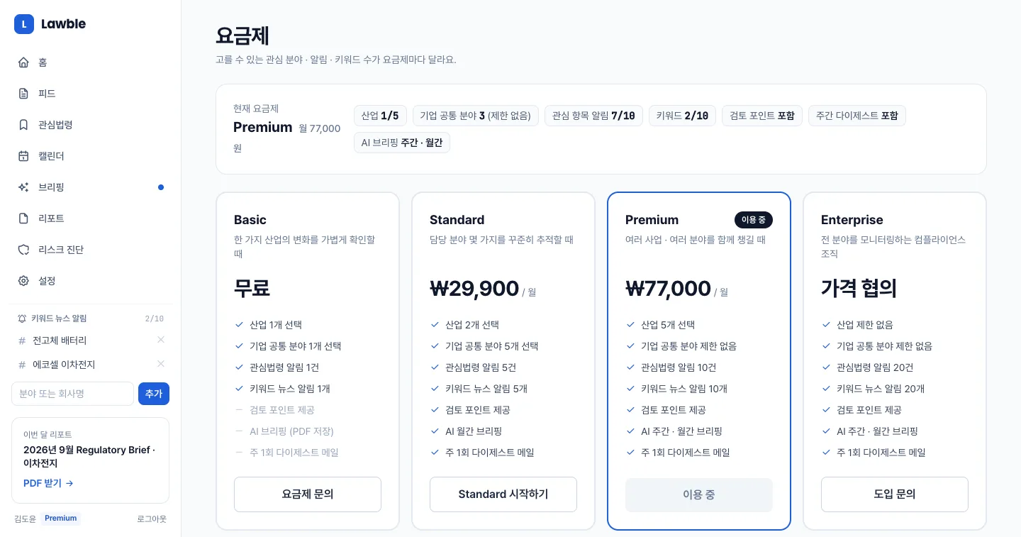 헤이제임스가 만든 법령·규제 모니터링 SaaS 요금제 비교