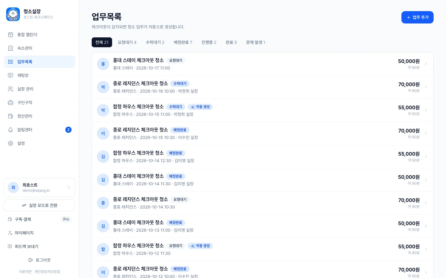 헤이제임스가 만든 숙소 청소 관리 SaaS 상태별 청소 업무 목록