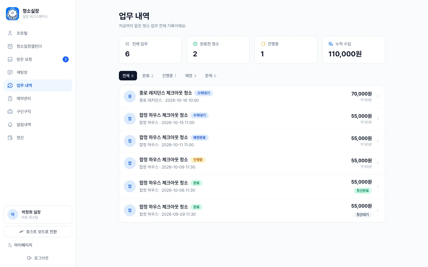 헤이제임스가 만든 숙소 청소 관리 SaaS 실장님 업무 내역