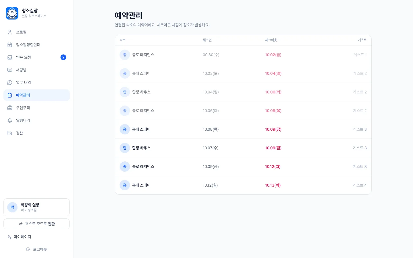 헤이제임스가 만든 숙소 청소 관리 SaaS 실장님 예약 확인