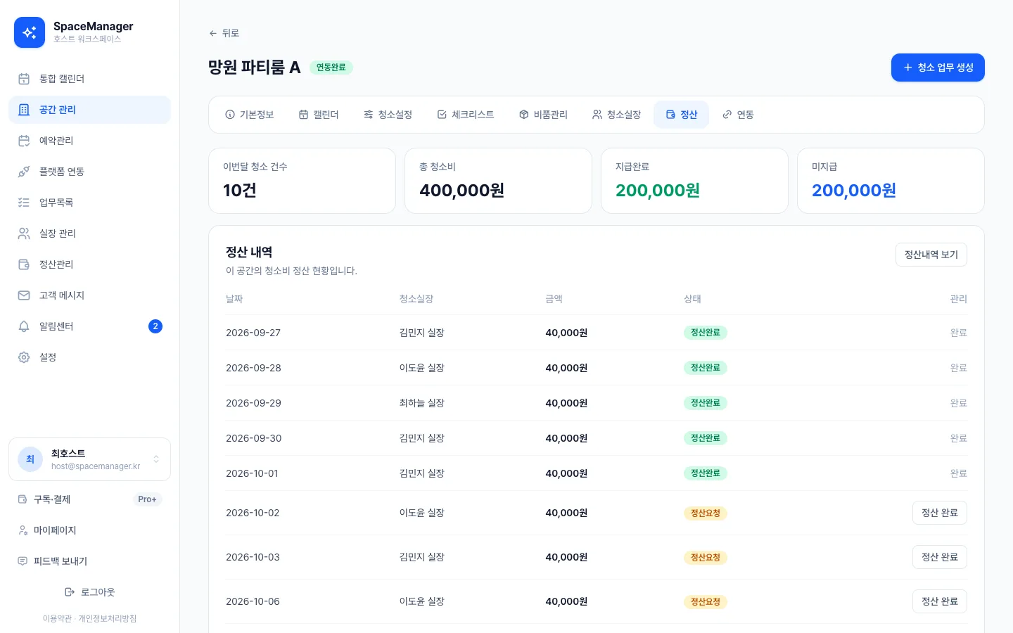 헤이제임스가 만든 공간 예약·청소 워크스페이스 공간별 정산 내역