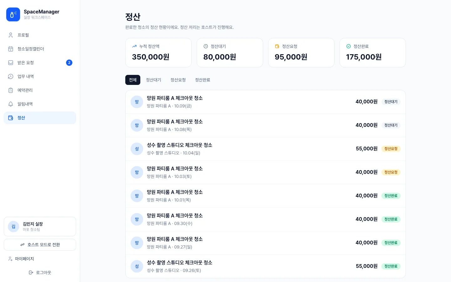 헤이제임스가 만든 공간 예약·청소 워크스페이스 실장 · 정산 현황
